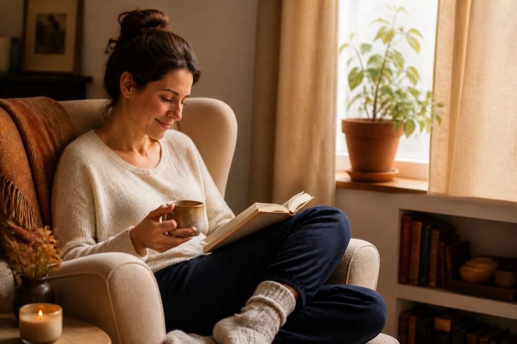 A person sitting comfortably alone, reading, looking peaceful and content