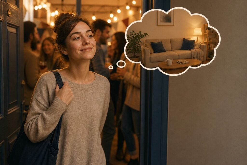 A person leaving a lively party with a relieved expression, with a thought bubble showing their comfortable, quiet home