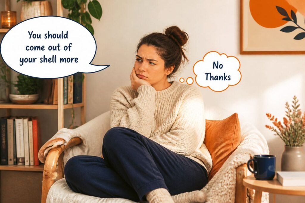 A person looking frustrated with a speech bubble saying "You should come out of your shell more" with a "No Thanks" thought bubble