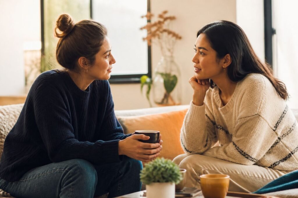 Two people in deep conversation, leaning in, looking engaged and connected