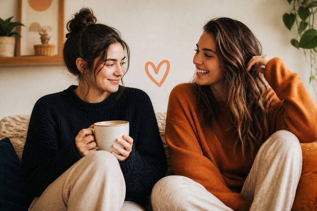 Two friends sitting together, one introverted and one extroverted, both looking happy, with a heart between them