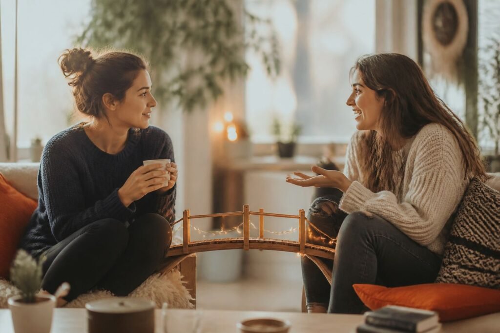 An introvert and extrovert sitting together, understanding each other, with a bridge between them symbolizing connection