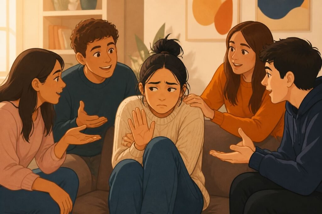 A person being pressured by multiple people to join a group, looking overwhelmed and resistant