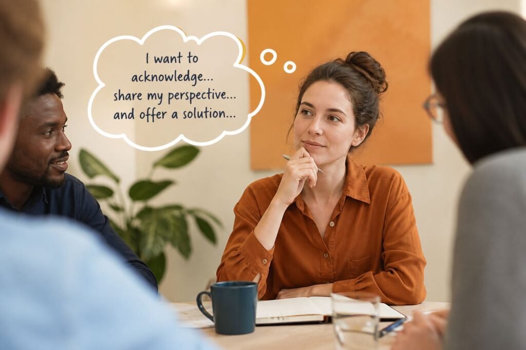 A person in a meeting looking thoughtful, with a thought bubble showing carefully composed words before they speak