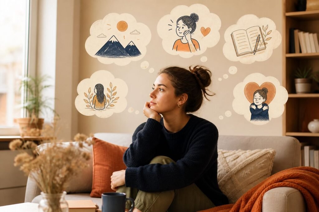 A person sitting alone, looking contemplative, with thought bubbles showing them processing thoughts and emotions
