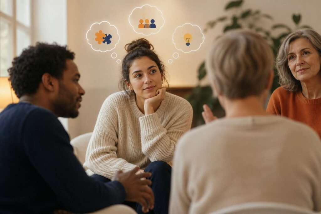 A person sitting quietly in a group, looking thoughtful and attentive, with thought bubbles showing they're following and processing the conversation