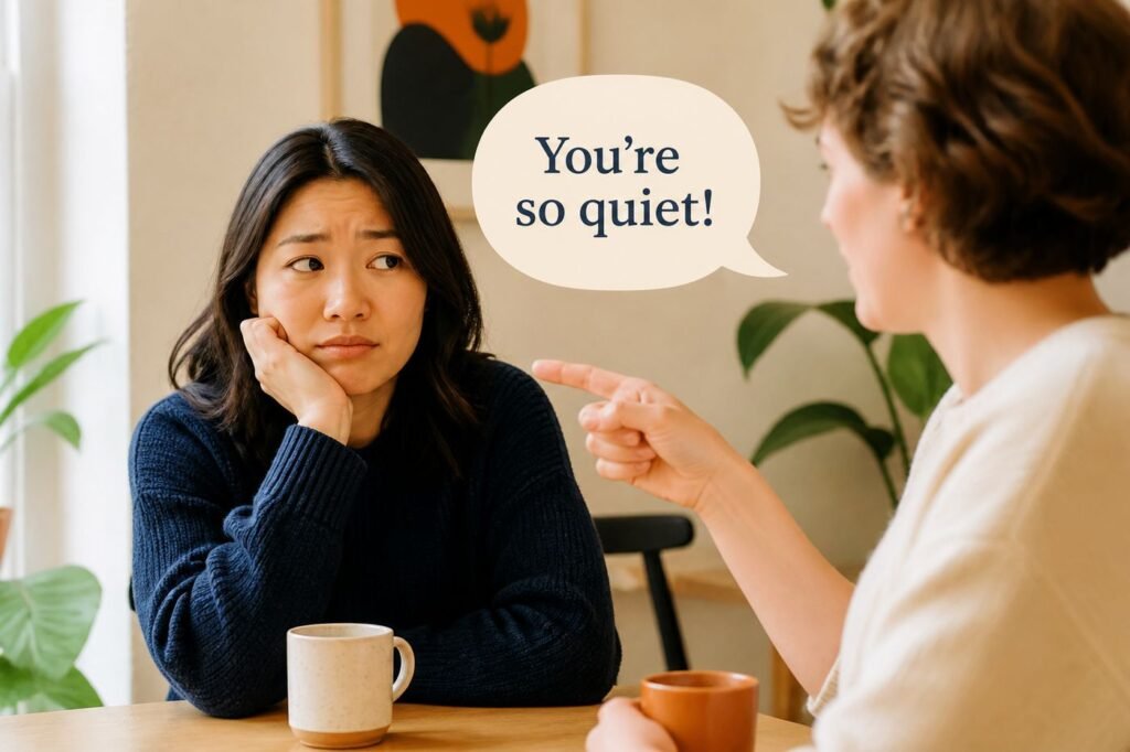 A person looking slightly frustrated or resigned while someone points at them with a speech bubble saying "You're so quiet!"