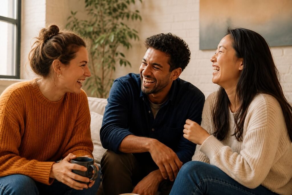 A small group of three people sitting in a casual setting, laughing together in a way that feels warm and genuine, not performative