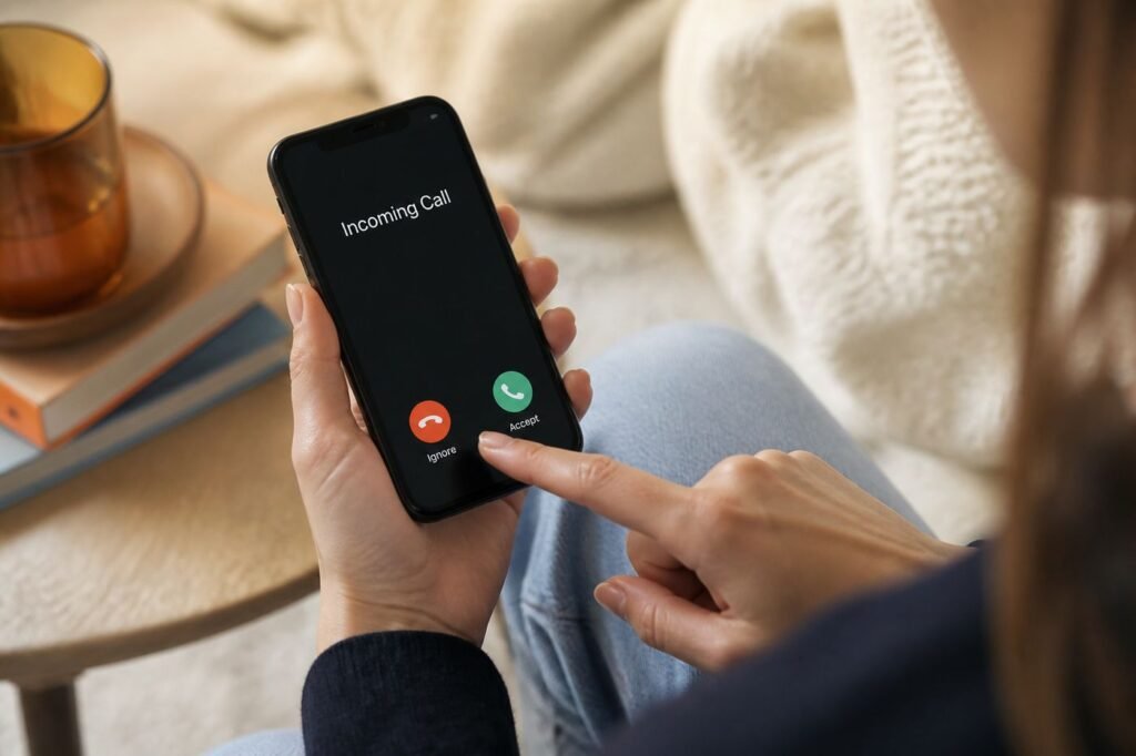 A phone screen showing an incoming call with the person's finger hovering over the ignore button, looking uncertain