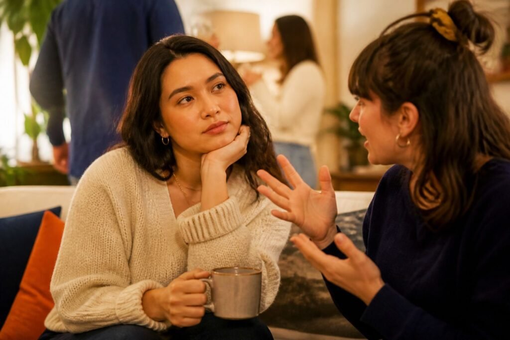 A person at a social gathering looking politely disengaged while someone animatedly talks to them, with a subtle visual cue of boredom or mental distance