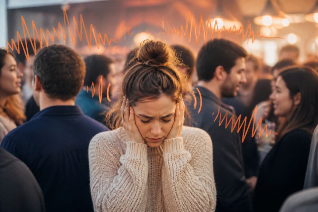A person at a crowded, loud event looking overwhelmed, with visual cues of noise represented by sound wave symbols around them