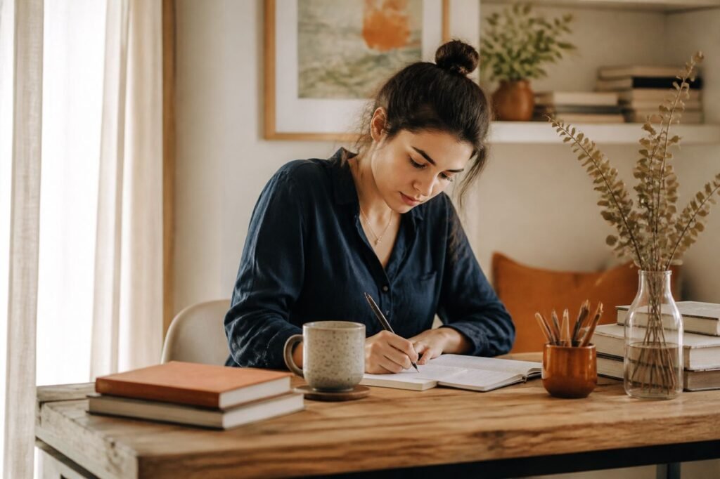 A person sitting at a desk in a quiet room, deeply focused on writing, with no distractions visible