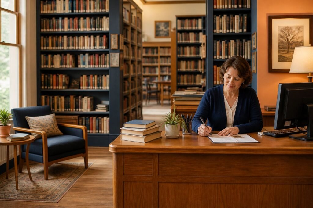 A quiet library with shelves of books, a librarian at a desk, calm and orderly