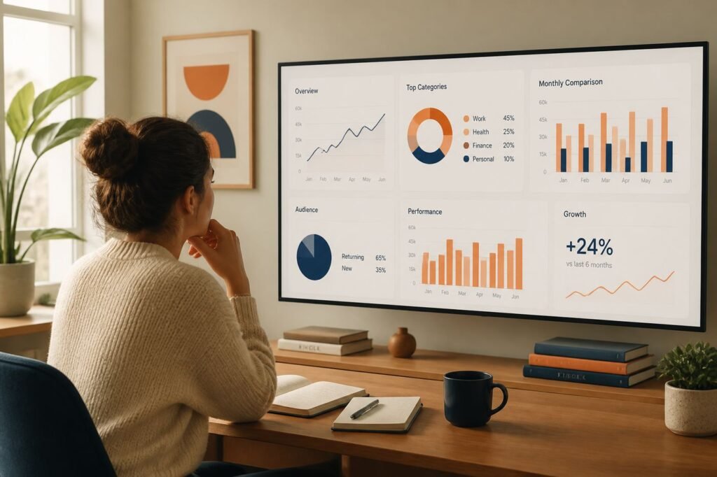 A person looking at a dashboard of data visualizations on a large screen, in a quiet office