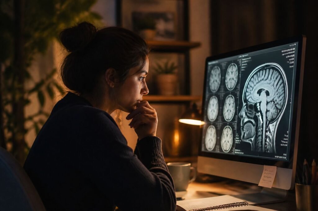 A person in a dark room looking at medical images on a screen, focused and concentrated