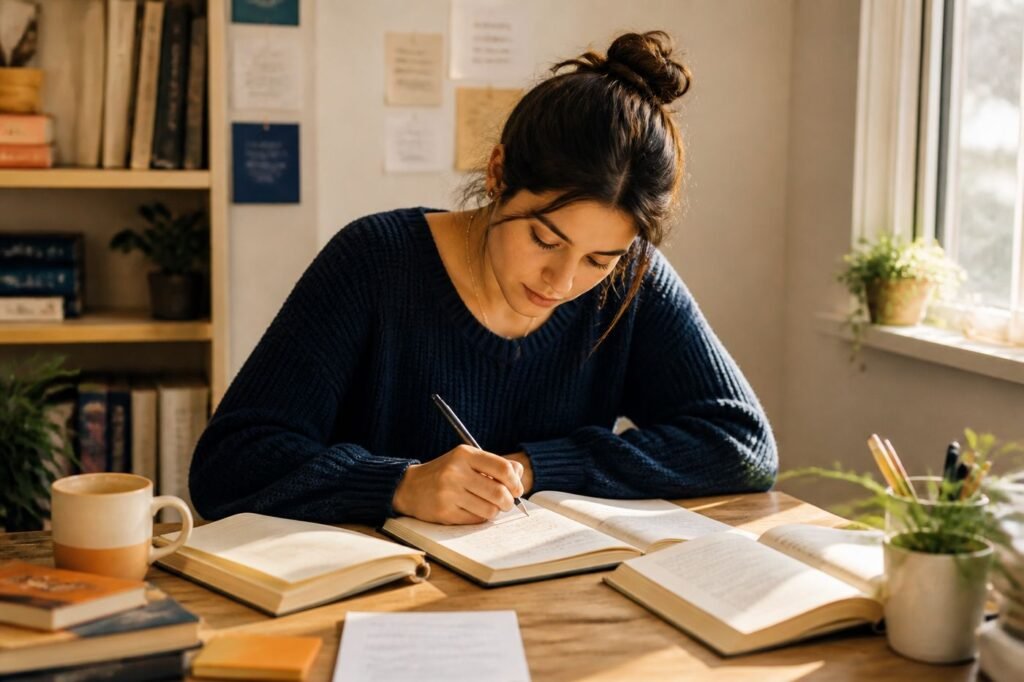 A person sitting at a desk, focused on writing, with reference materials around them