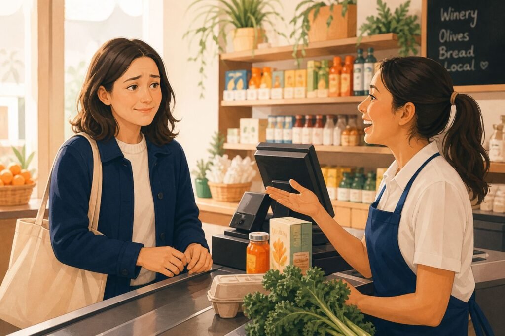 A person at a grocery store checkout looking politely uncomfortable while the cashier chats