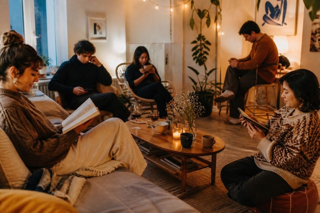 A group of introverts at a party — all sitting quietly, enjoying their own space, perfectly content