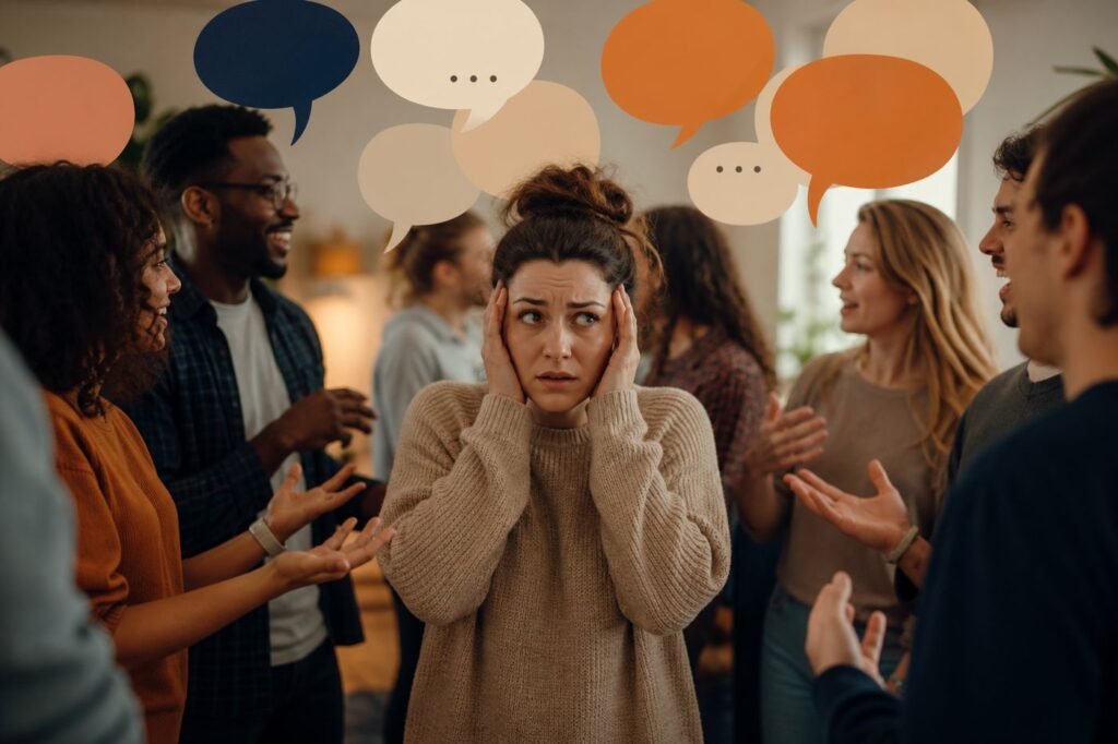 A person in a noisy group, looking overwhelmed, surrounded by overlapping speech bubbles