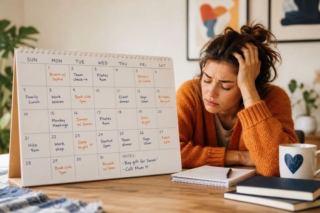 A calendar with multiple social events marked, and a person looking exhausted just looking at it