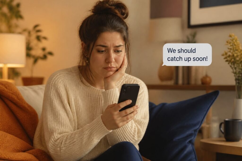 A phone screen showing the text "We should catch up soon!" with the person looking conflicted