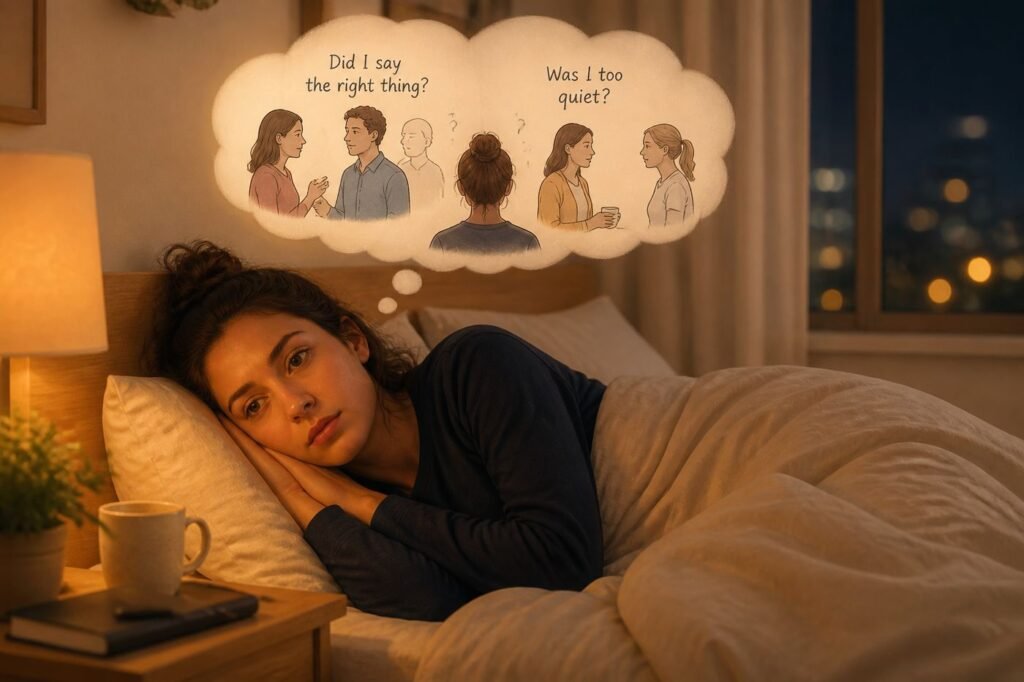A person lying in bed at night with a thought bubble full of social replay — "Did I say the right thing? Was I too quiet?"