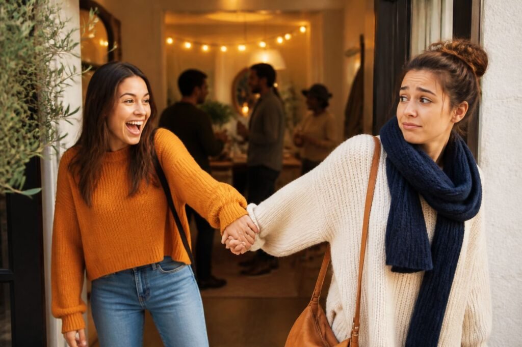 An enthusiastic extrovert dragging a reluctant introvert into a social situation