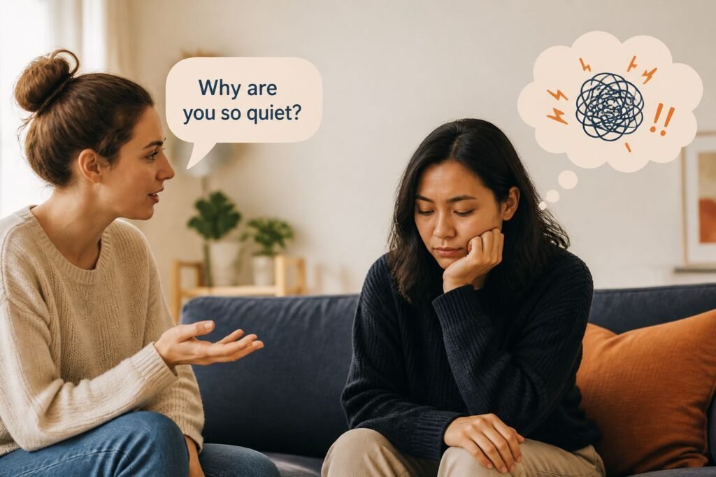A person being asked "Why are you so quiet?" with a thought bubble showing frustration