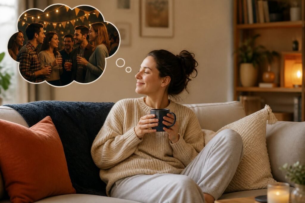 A person on their couch, in comfortable clothes, looking relieved and happy to be home, with a thought bubble showing the party they just left