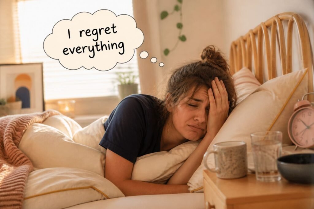 A person in bed the morning after a social event, looking exhausted with a thought bubble saying "I regret everything" — but in a funny, relatable way