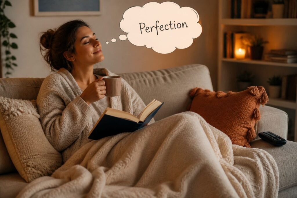 A cozy night in — comfortable clothes, a blanket, a book, a TV remote, a cup of tea — with a thought bubble saying "Perfection"