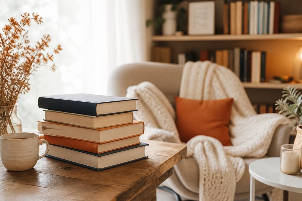 A stack of books with a cozy reading nook in the background