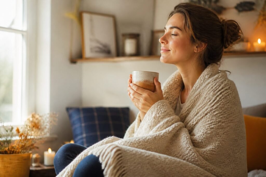 A person wrapped in a cozy blanket with a cup of tea, looking content