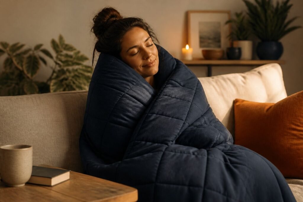 A person wrapped in a weighted blanket, looking calm and relaxed