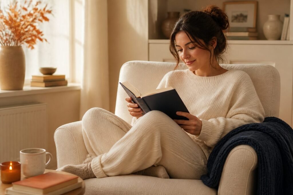 A person in cozy loungewear, reading a book in a comfortable chair