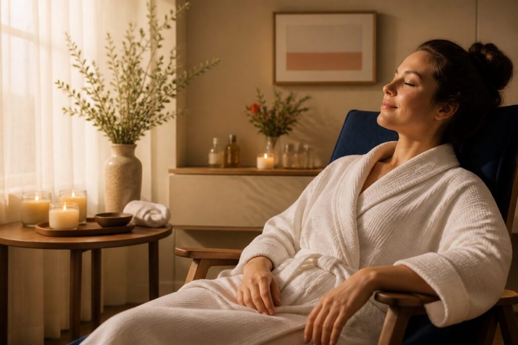 A person in a quiet spa room, looking relaxed and peaceful