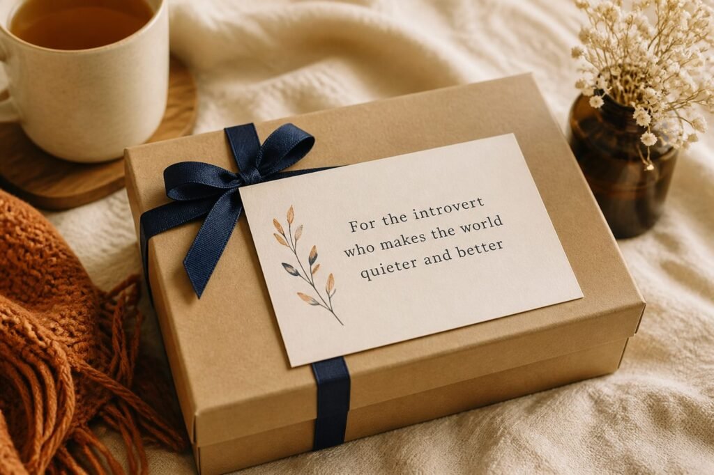 A gift box with a small card on top, the card reading "For the introvert who makes the world quieter and better"