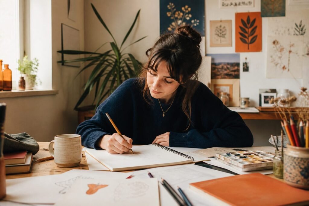 A person sketching at a desk with art supplies around them