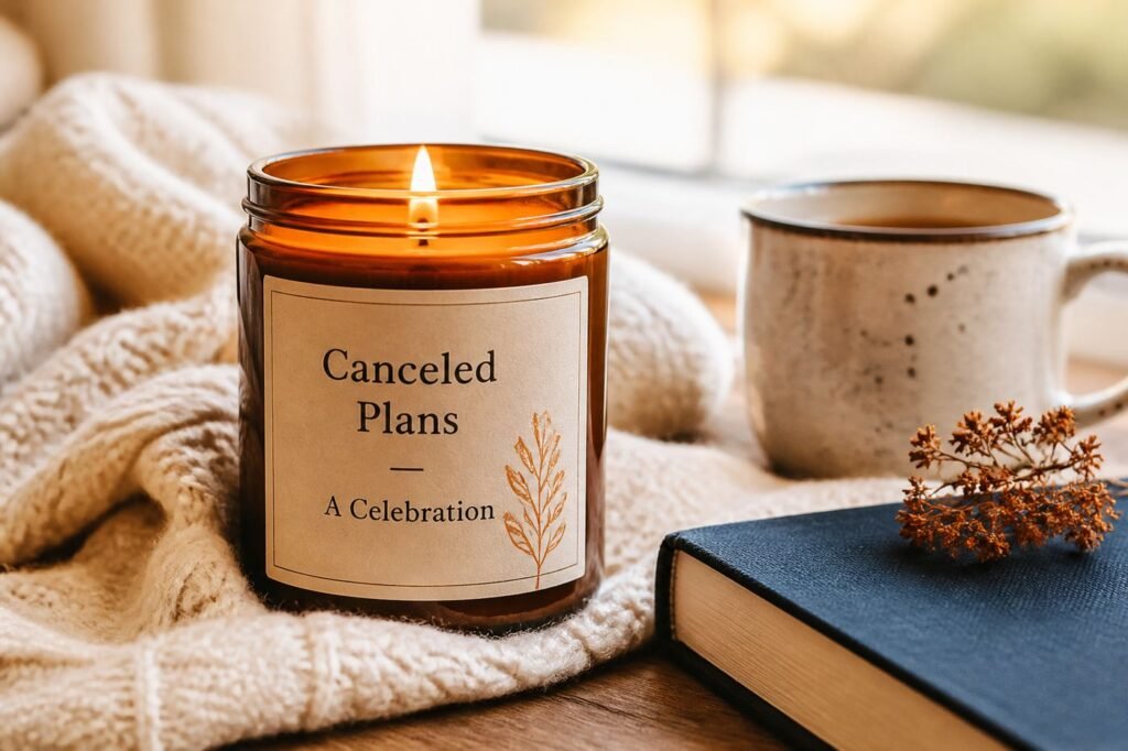 A candle with a label that says "Canceled Plans — A Celebration" with a cozy vibe