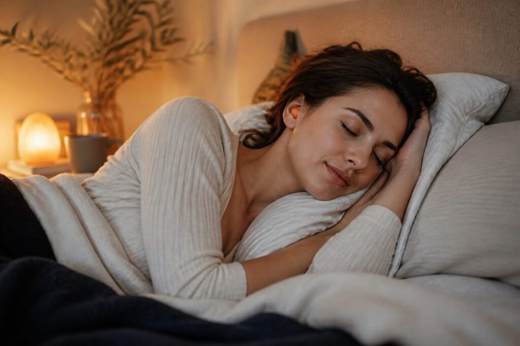 A person sleeping peacefully with earplugs in