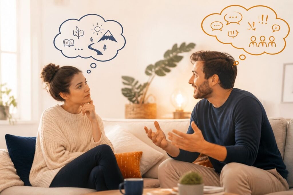 Two people in conversation — one thoughtful and quiet, the other animated and speaking, with thought bubbles showing internal processing vs. external processing