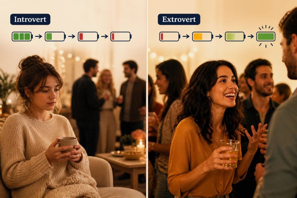 A split illustration showing an introvert at a party with a battery icon draining from full to empty, and an extrovert at the same party with a battery icon charging from empty to full