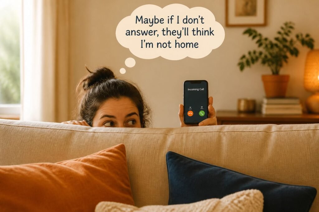 A funny illustration of a person hiding behind a couch with a phone showing an incoming call, with a thought bubble that says "Maybe if I don't answer, they'll think I'm not home"