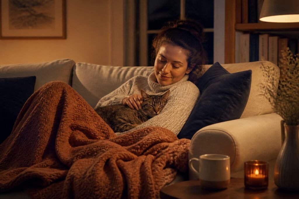 A person sitting on a couch in a dimly lit room, looking peaceful, with a blanket and a cat, no phone in sight — an image that says "recharging"