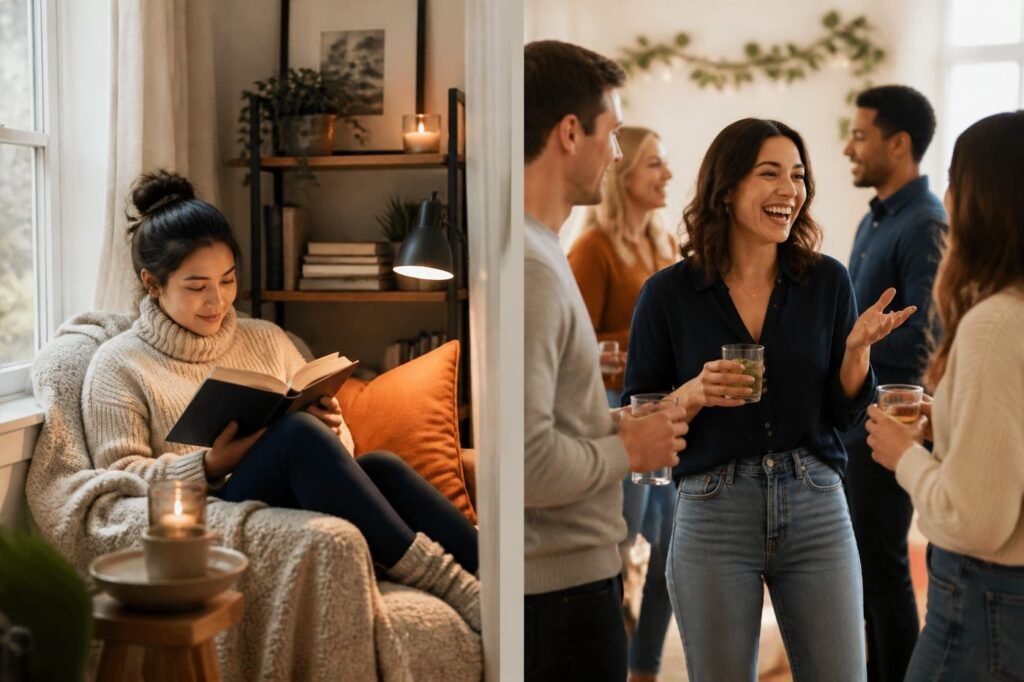 A split illustration showing an introvert side with a quiet reading nook and a person looking calm, and an extrovert side with a lively gathering and a person looking energized