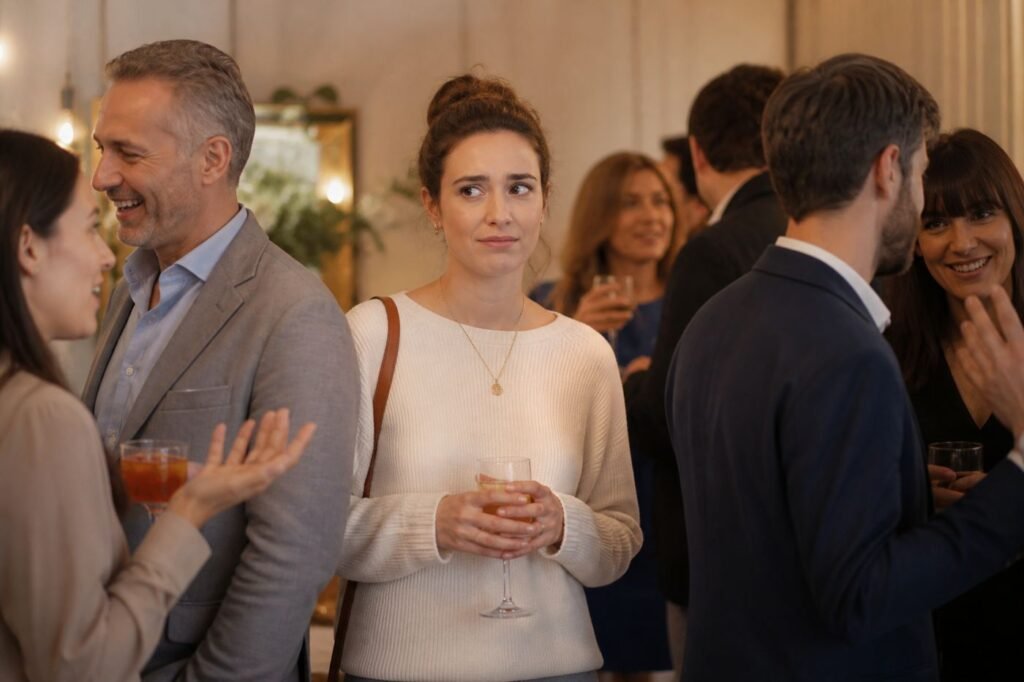 A person at a cocktail party looking politely uncomfortable, holding a glass, while other people chat animatedly around them