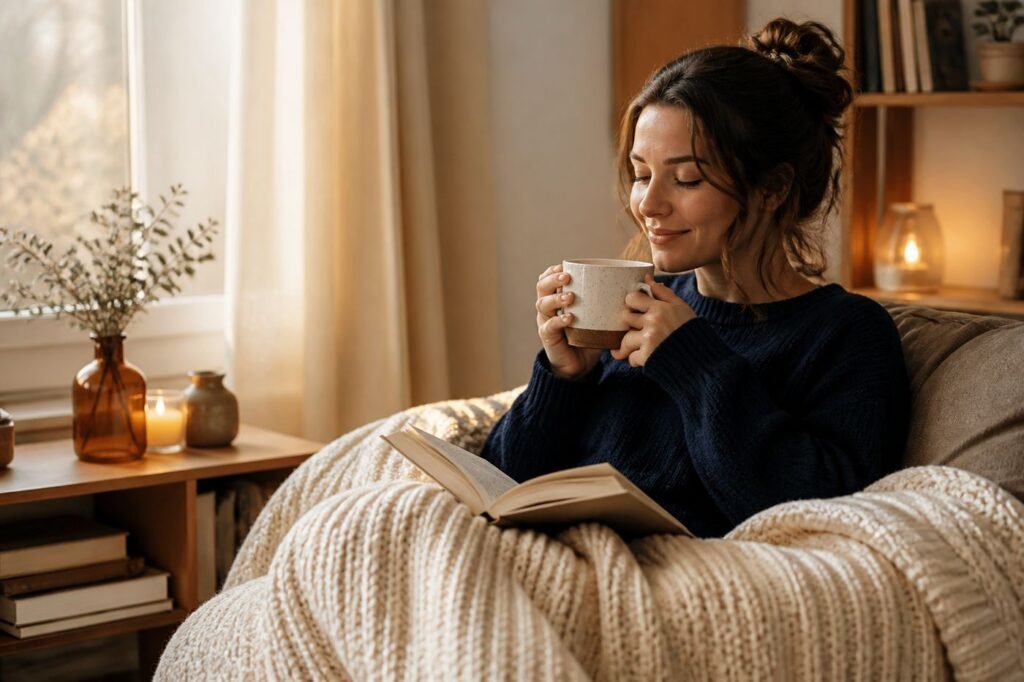 A person in a cozy room with a cup of tea, a book, and a blanket, looking peaceful and content in their solitude