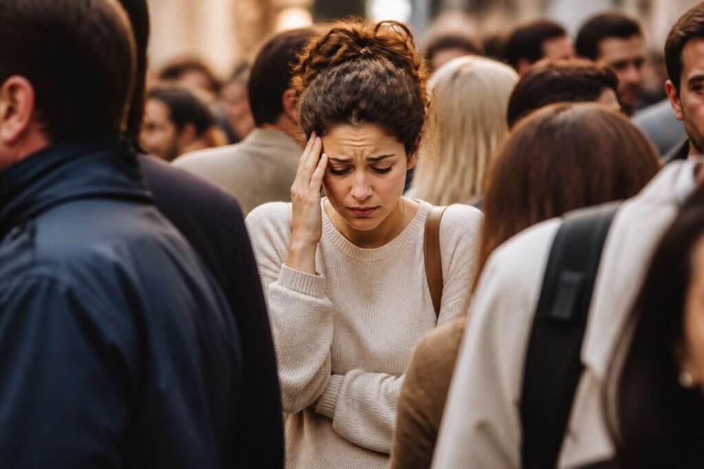 A person looking visibly overwhelmed in a crowded space, with subtle visual cues like tension in their shoulders and a slightly overwhelmed expression