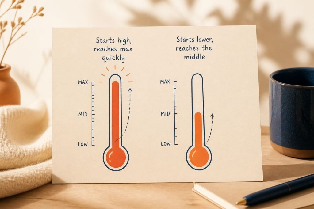 A simple visual showing two thermometers — one starting higher and quickly reaching maximum, one starting lower and reaching the middle