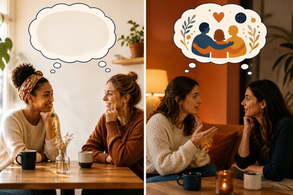 A split illustration — one side shows a person engaged in small talk with a thought bubble showing emptiness, the other shows deep conversation with a thought bubble showing connection and meaning